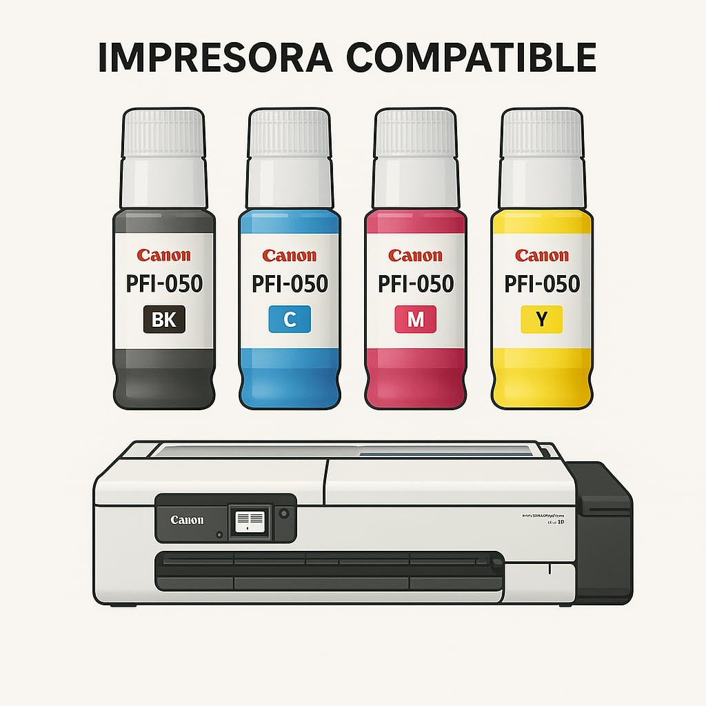 LizzVicc Pack de Tinta Genérica para Canon PFI-050 – 2 Botellas Negras, 1 Cian, 1 Magenta y 1 Amarillo (70 ml c/u) – Compatible con Plóter Canon TC-20 – Tinta Pigmentada de Alta Precisión