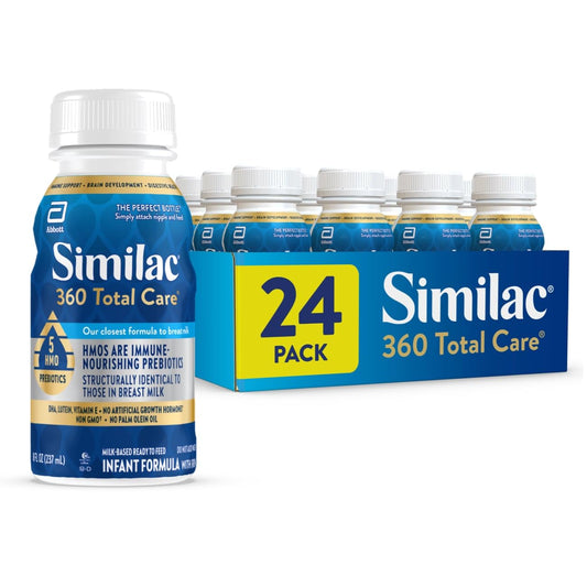 Similac 360 Total Care Infant Formula, with 5 HMO Prebiotics, Our Closest Formula to Breast Milk, Non-GMO, Baby Formula, Ready-to-Feed, 8-fl-oz Bottle (Case of 24)