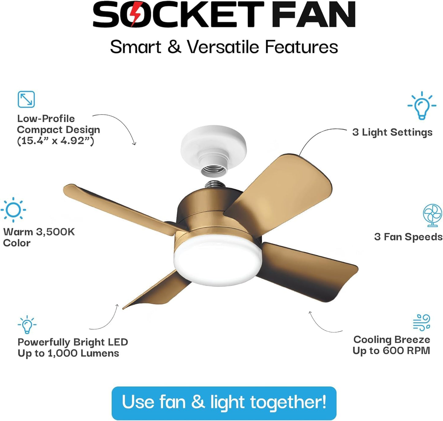 Bell + Howell - Ventilador de techo con socket, con luces led y control remoto, repuesto de foco, para dormitorio, cocina, sala, 1000 lúmenes, 5000 Kelvins, bronce