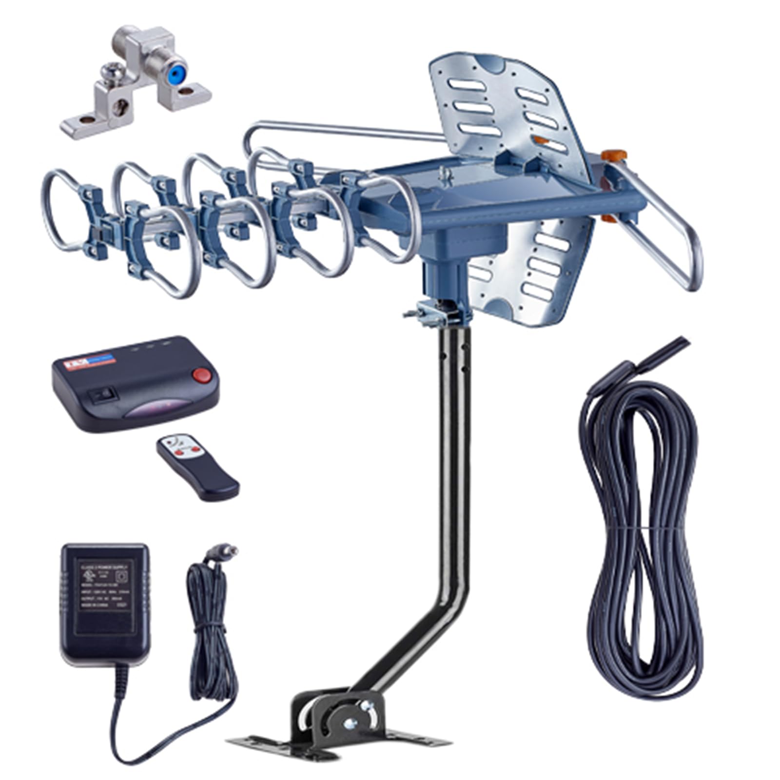 Antena de TV para exteriores con poste de montaje y cable coaxial RG6 de 40 pies, rango de 150 millas, rotación remota inalámbrica, soporte de 2 televisores, rotación de 360°