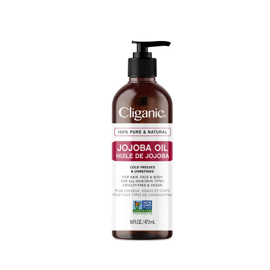 Cliganic Non-GMO Jojoba Oil, 480 ml - Pure Natural, Cold Pressed Body Oil - Unrefined Jojoba Oil for Skin, Hair, Scalp - No Synthetic Additives Moisturizing Oil - Vegan, Cruelty-Free Face Oil