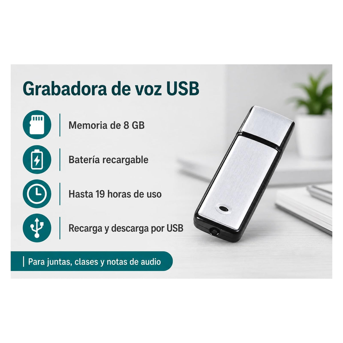 Grabadora de Voz Digital GoGo electronics Gris con Micrófono USB de 8 GB y Batería Recargable