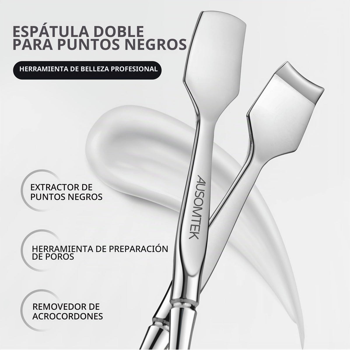 Ausomtek- Espátula de doble cabezal para puntos negros de AUSOMTEK, herramienta para preparar poros, removedor de puntos blancos, acero inoxidable, color cian