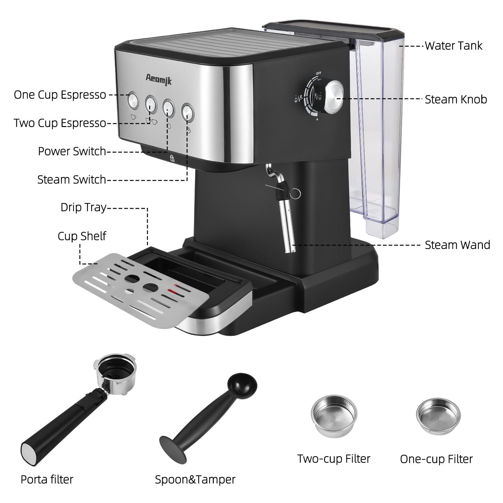 Feiniao 15Bar Máquina de Espresso Cafetera semiautomática multifunción de 1050W con vaporizador de leche, depósito de agua de 1.5L, Semi Cafetera Automatica para Capuchino, Latte y Macchiato