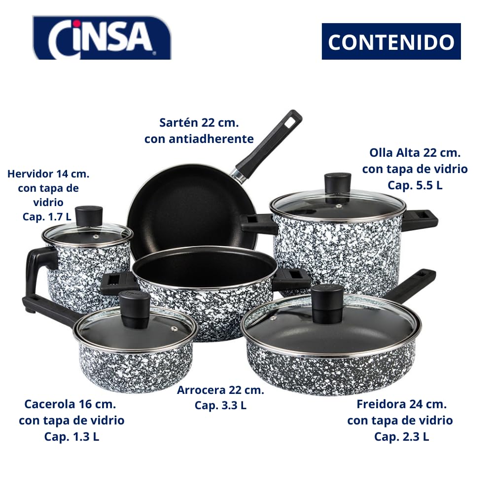 Cinsa Batería de cocina Granito Blanco con Negro 10 piezas, Peltre pesado con antiadherente, Tapas de vidrio templado. (Blanco con negro)