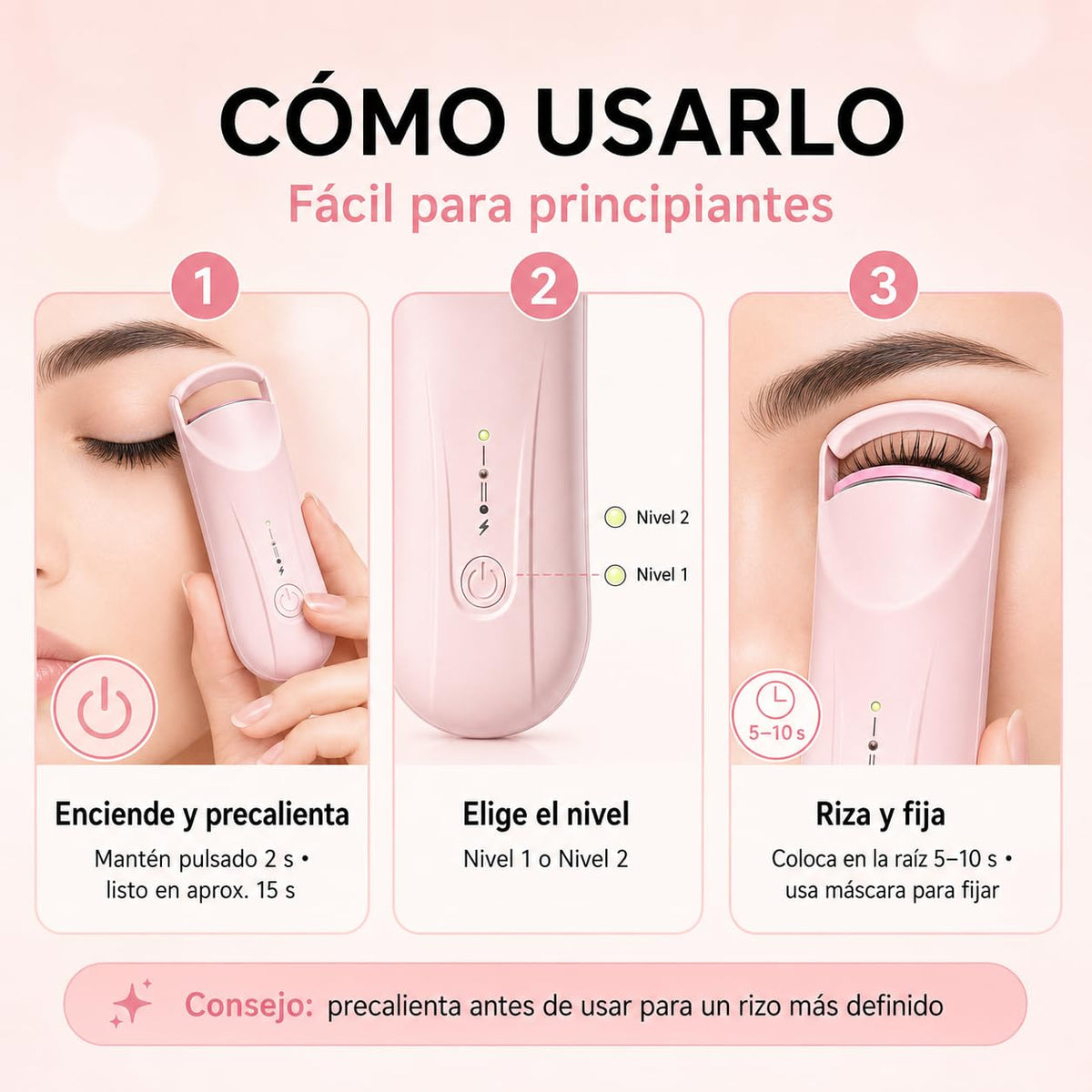 Rizador de Pestañas Eléctrico, Enchinador Térmico Recargable USB-C con 2 Niveles de Temperatura 65°C/85°C, Calentamiento Rápido y Curva 3D, Mini Rizador Portátil para Maquillaje