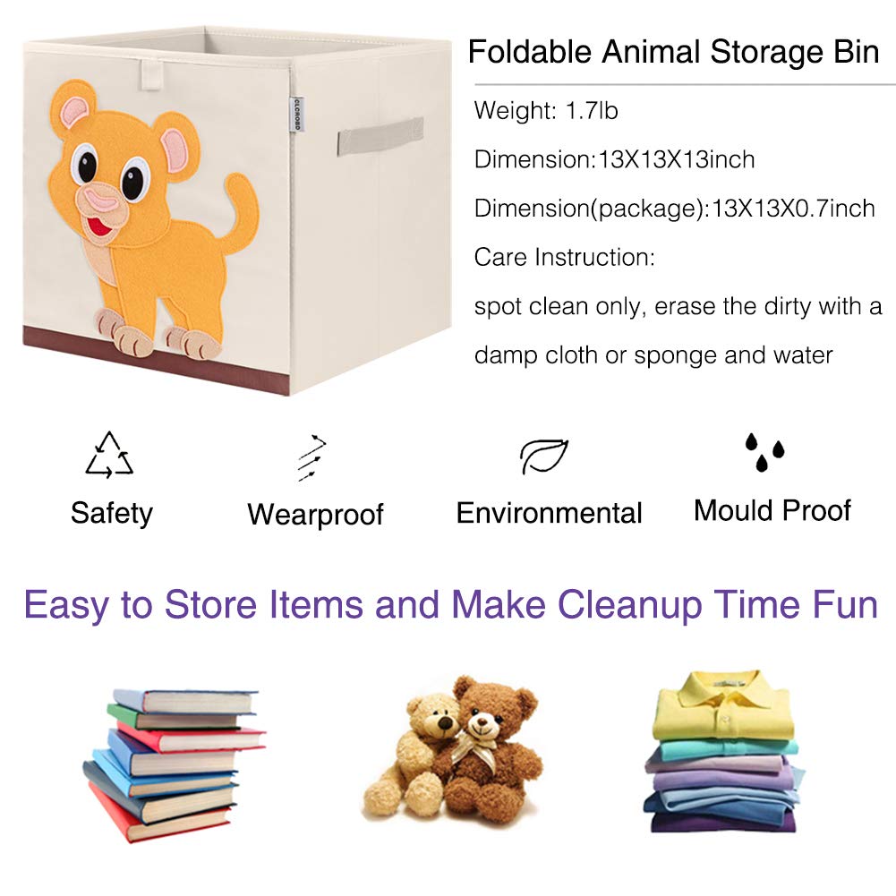 CLCROBD Contenedores de almacenamiento de cubo animal plegables de tela, caja/cofre/organizador de juguetes para guardería infantil, 33 cm (León bebé)