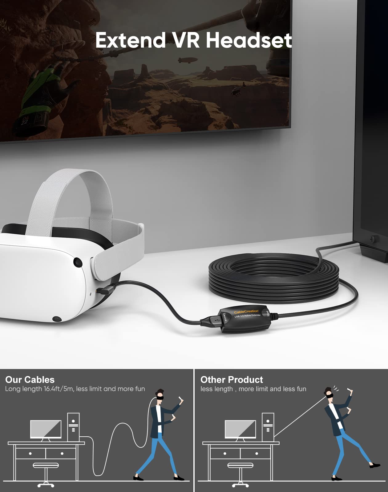 CableCreation Cable de extensión USB 3.0 activo 5 metros, extensor USB 3.0 macho a hembra con amplificador de señal para Oculus Quest 2, sensor Rift, Steam VR, PC para juegos, impresora