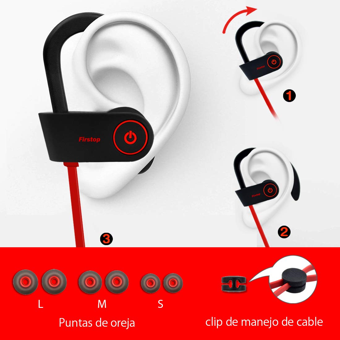 Firstop Auriculares Bluetooth, Audífonos Inalámbricos Impermeables IPX7, Auriculares con Reducción de Ruido y Ajuste Seguro para Deportes y Gimnasia, con Micrófono Incorporado(Rojo)