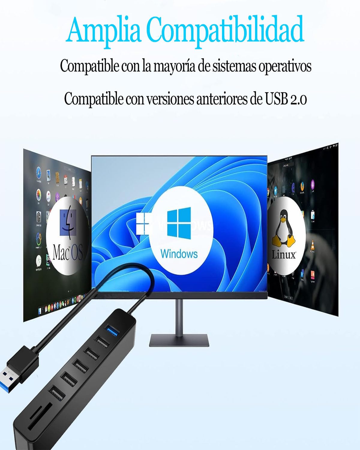 Hub USB 2.0, Multicontacto USB con 6 Puertos USB Incluyendo Lector de Tarjetas de 2 Solts SD/TF (Micro SD), 8 en 1 Conector Múltiple USB Adaptador Extensión Splitter para PC, Portátil, MacBook Pro/Air