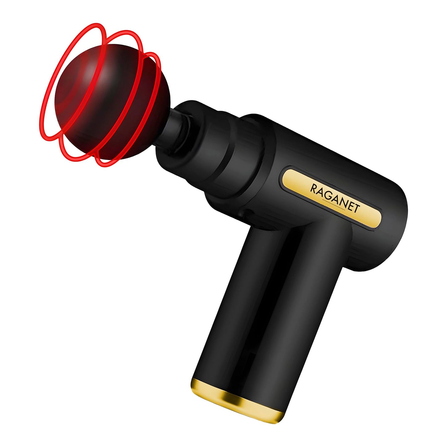 Raganet, Pistola Masajeadora con 4 Cabezas, Maquina Masajeadora de 6 Velocidades, Masaje Profesional Para Musculos, Ligamentos y Tejidos, Pistola Portatil, Carga USB (Color Negro)