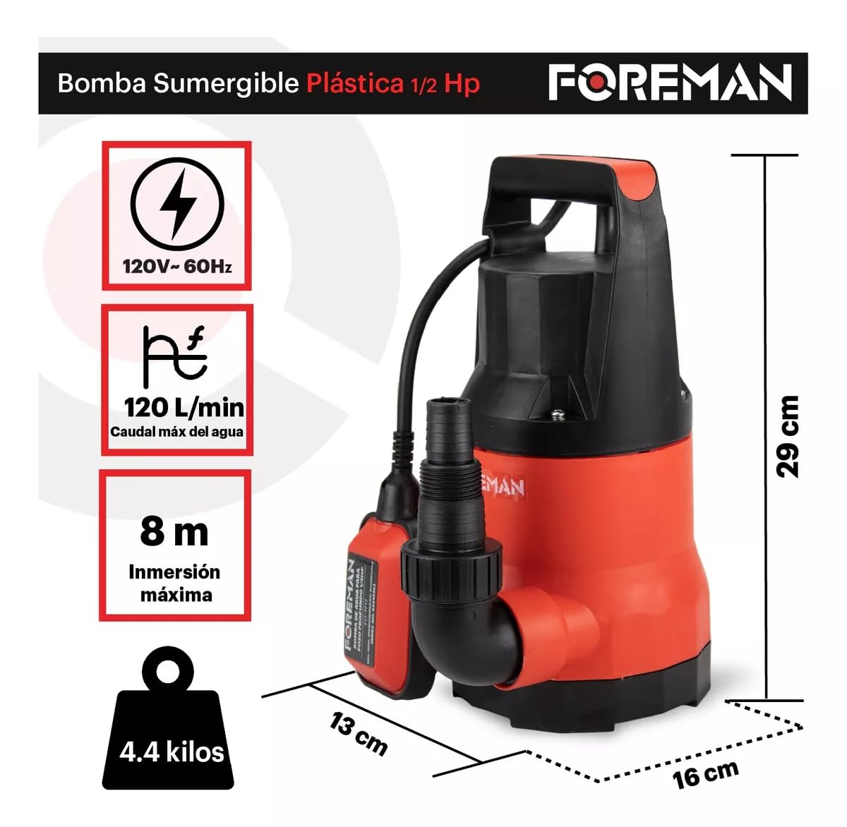 Foreman Bomba Sumergible Plástica | Bomba de Agua Limpia Silencioso Para Fuentes, Pecera, Acuario, Jardín y Estanque | 1/2Hp 400w 120v | 120 Litros Per Minute | Negro/Rojo