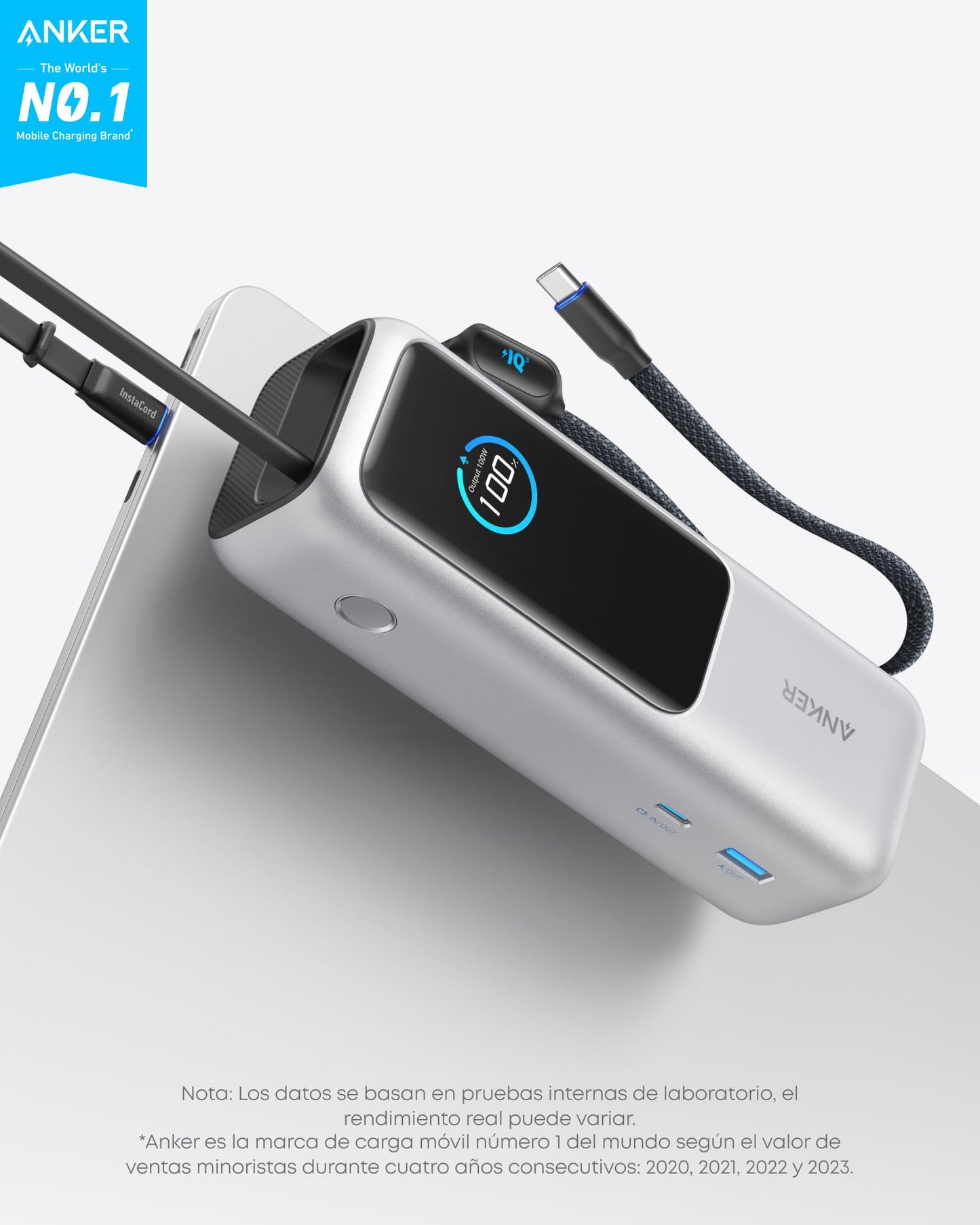 Batería Externa Anker Negra 25,000 mAh 100W USB-C con Cables Integrados y Retráctiles para Laptops y Móviles