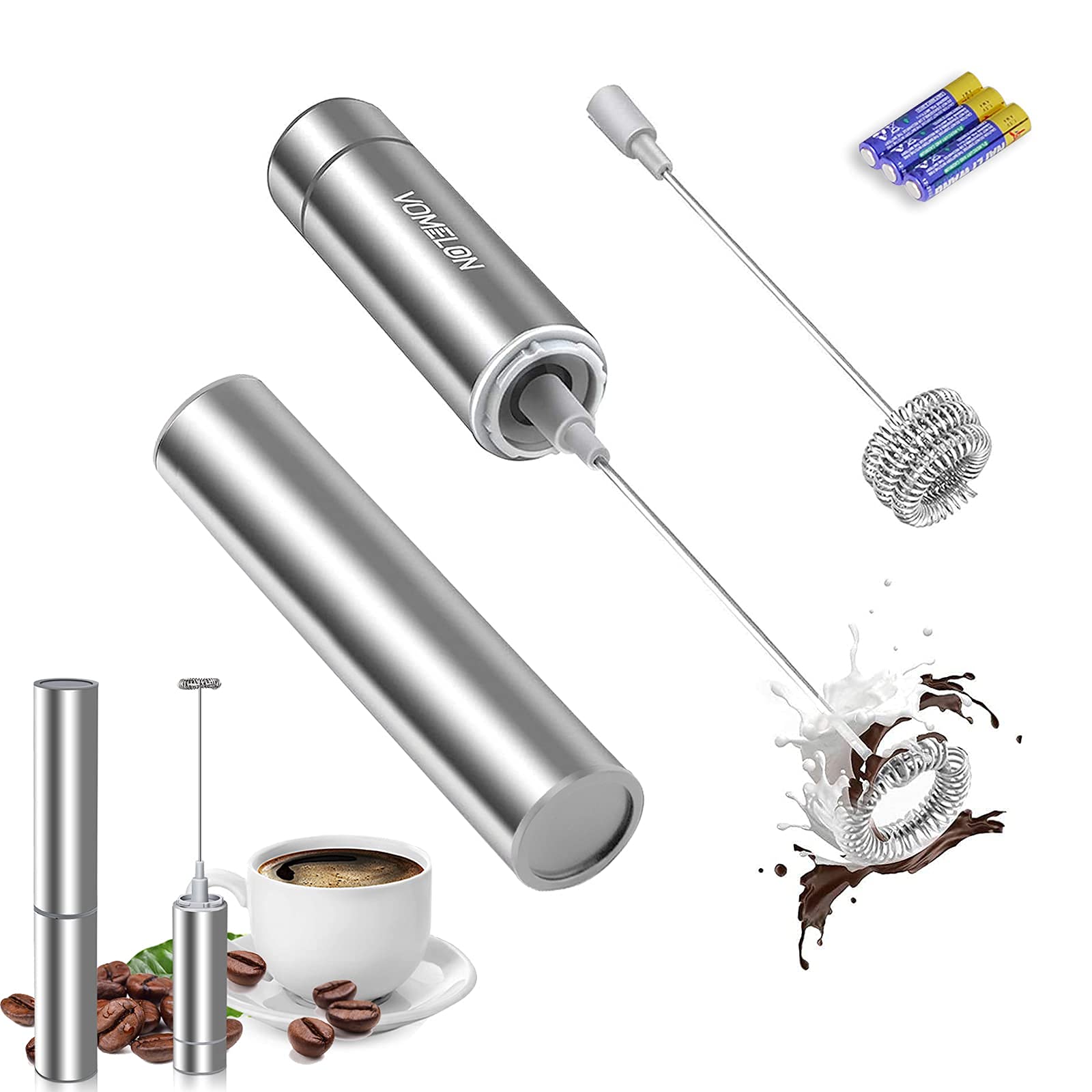 Espumador Portátil para Café con 2 Batidores de Acero Inoxidable Plateado