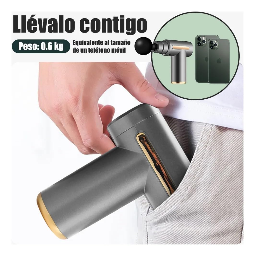 Pistola de Masaje Muscular con 4 Cabezas, Masajeador Portatil Muscular Mini Masajeador de Tejido Profundo Ajustables Massage Gun, Masaje Profesional Para Musculos, Ligamentos y Tejidos, Carga USB (Gris)