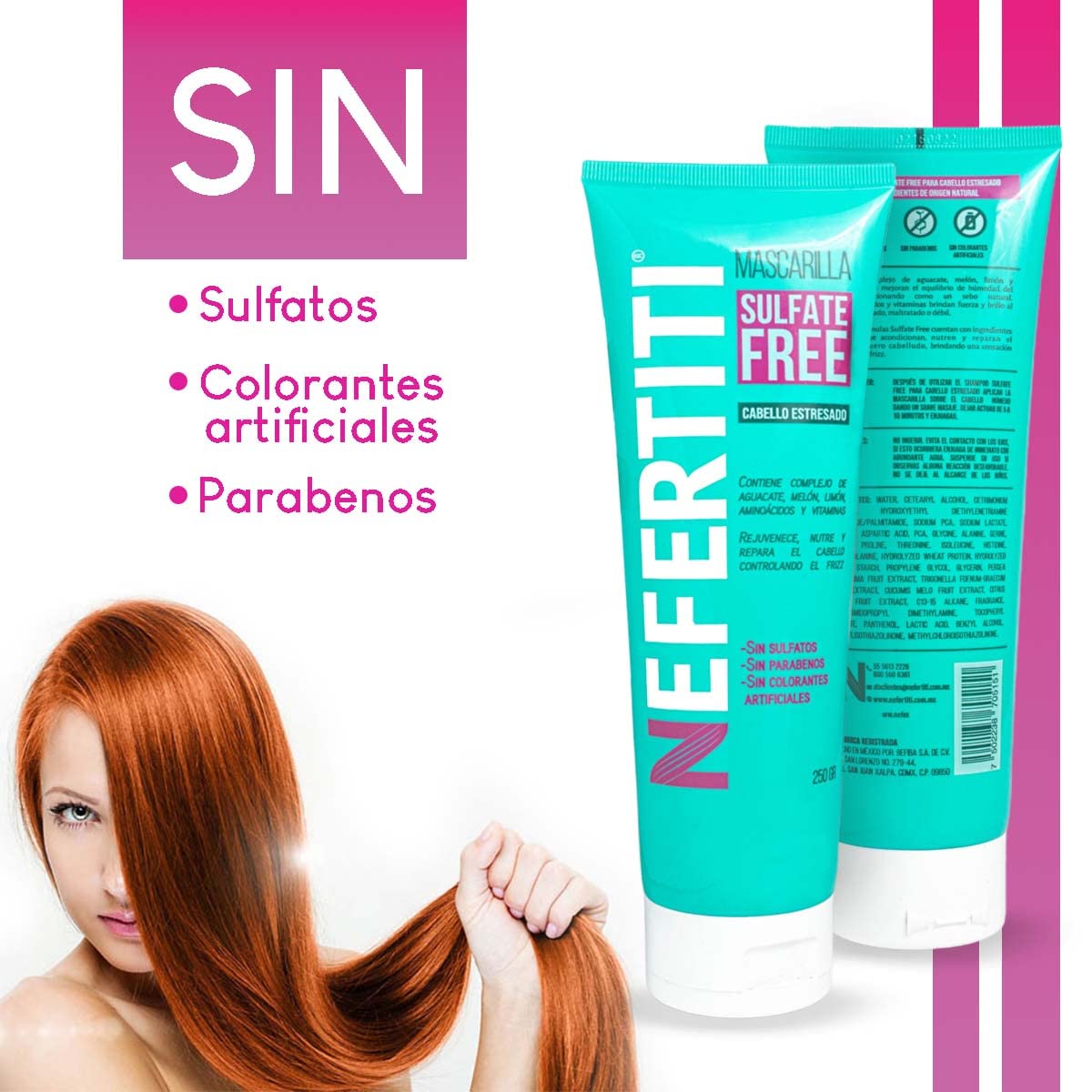 Kit para Cabello Dañado Estresado Shampoo Sin Parabenos y Mascarilla Sulfate Free Nefertiti, Fortalece, Revitaliza y da Mas Brillo al Cabello Débil y/o Maltratado