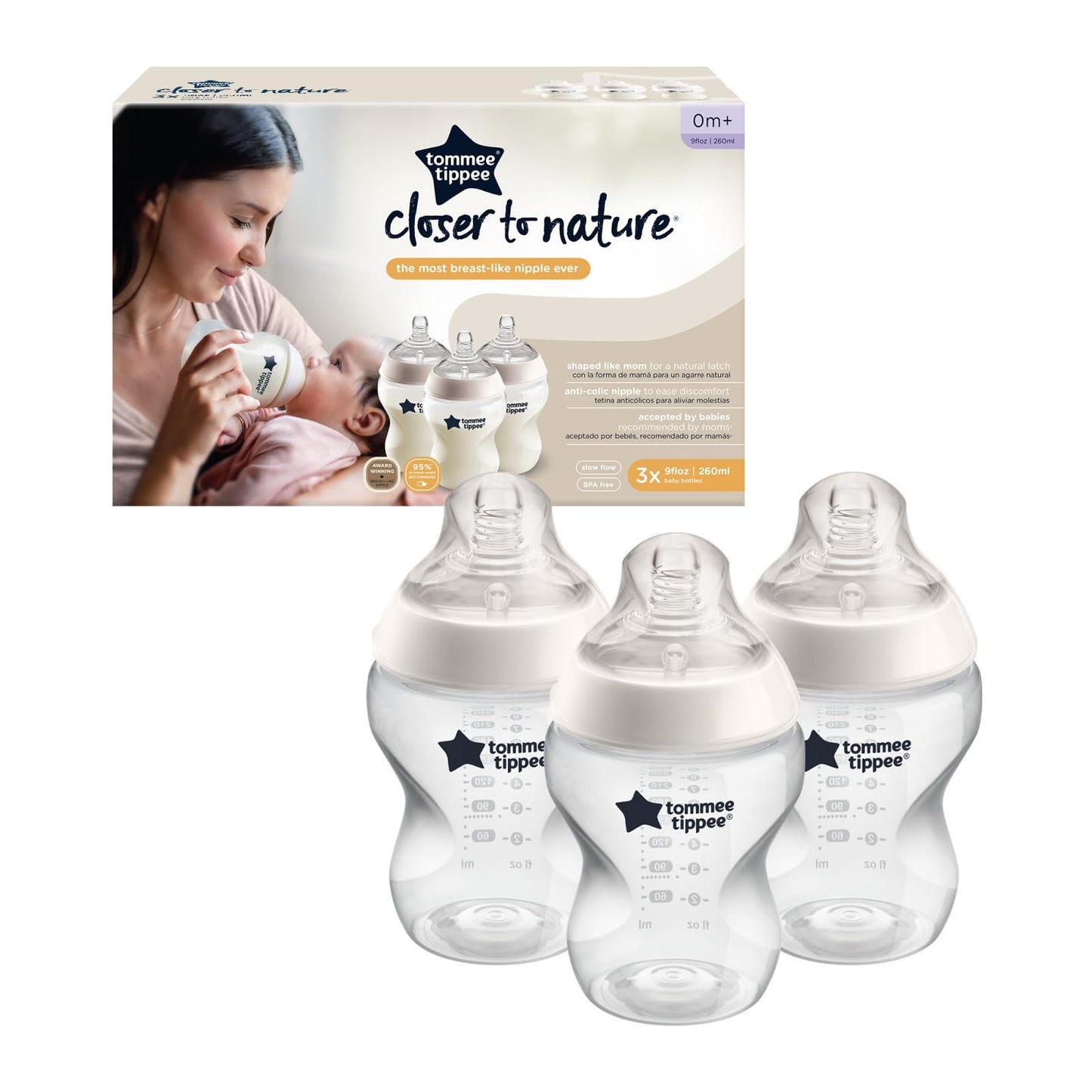 Tommee Tippee Closer to Nature Baby Bottle Anti-Colic Valve, Breast-Like Nipple for Natural Latch, BPA-Free - Slow Flow, 9 Ounce, 3 Count