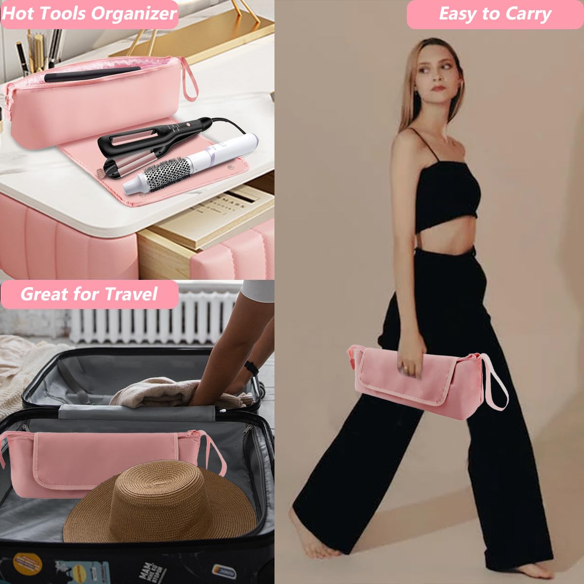 Hair Tools - Bolsa de viaje, funda de viaje de hierro plano 2 en 1 con almohadillas resistentes al calor, bolsos de viaje para peluquería resistente al calor para rizadores (Rosa)
