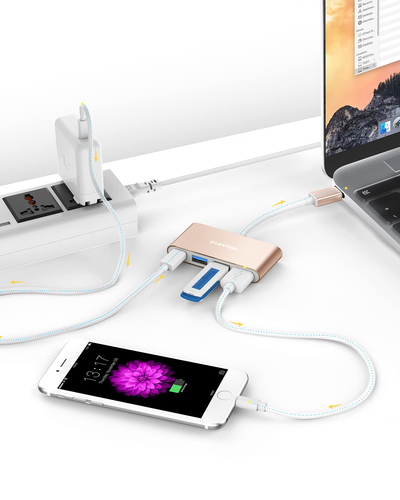 LENTION Hub USB C con USB3.0&USB2.0, 100W PD, Adaptador Tipo C a USB para 2016-2023 MacBook Pro, Nuevo Mac Air/Surface, Más (CB- C13, Oro)