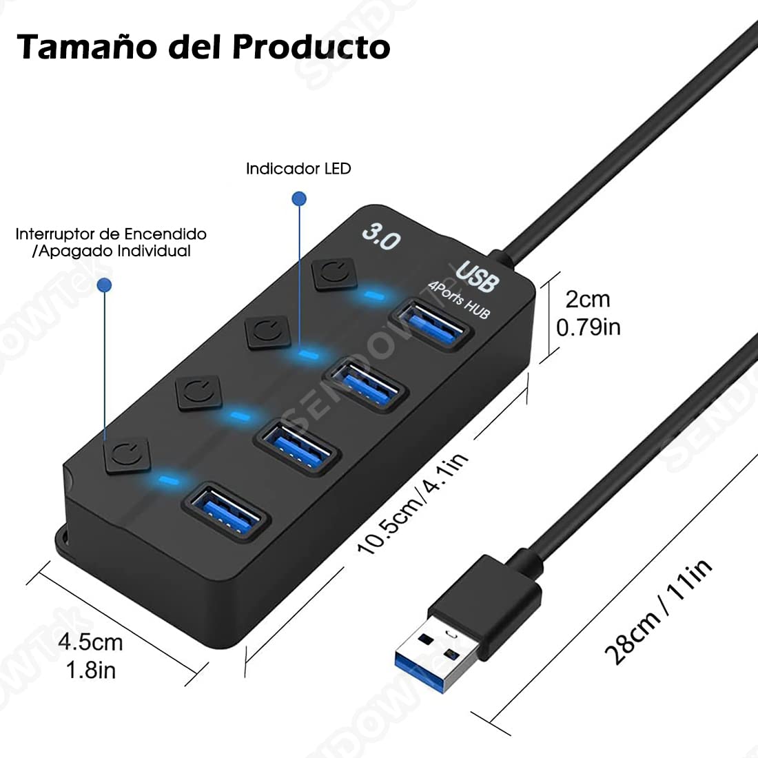 Hub USB Sendowtek Negro 3.0 Universal de 4 Puertos con Interruptores y LED