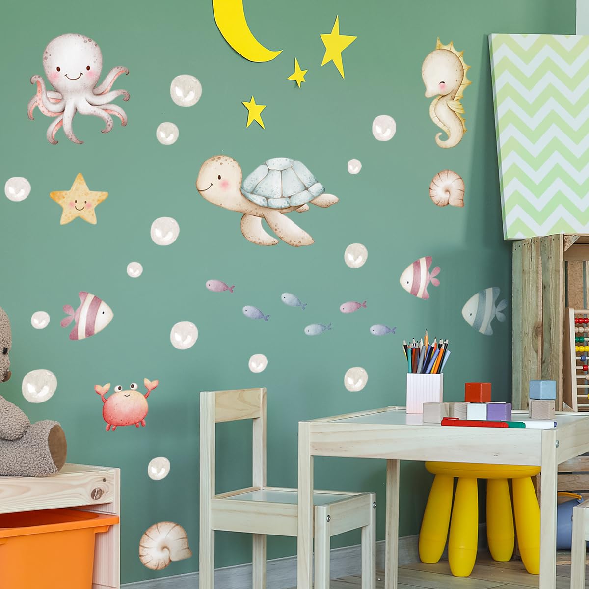 Calcomanías de pared de animales marinos, decoración de pared de criaturas del océano subacuático, decoración de pared extraíble de dibujos animados de peces de océano, decoración de pared de tortuga