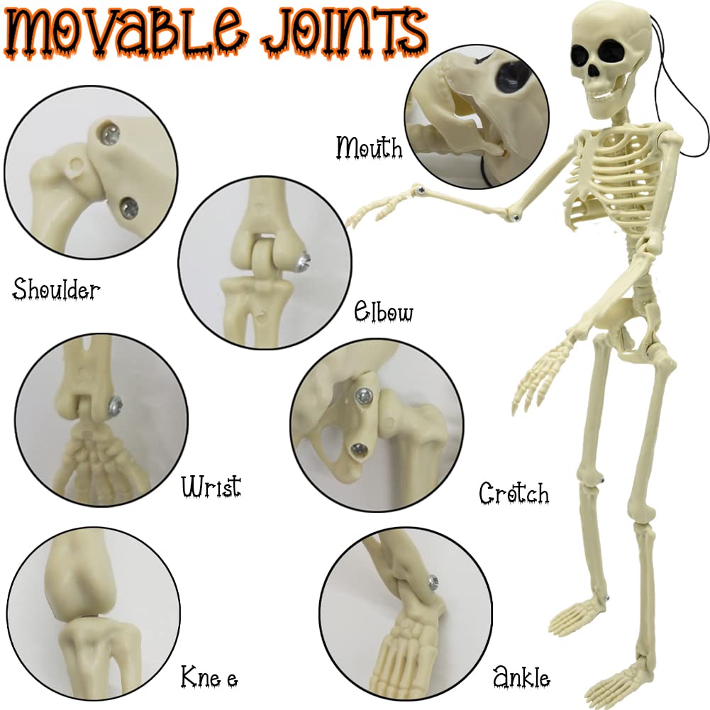 CAMIRUS - 6 decoraciones de esqueleto de Halloween, de cuerpo completo de 16 pulgadas, pequeños huesos de plástico con articulaciones móviles posibles para Halloween, fiestas en interiores y
