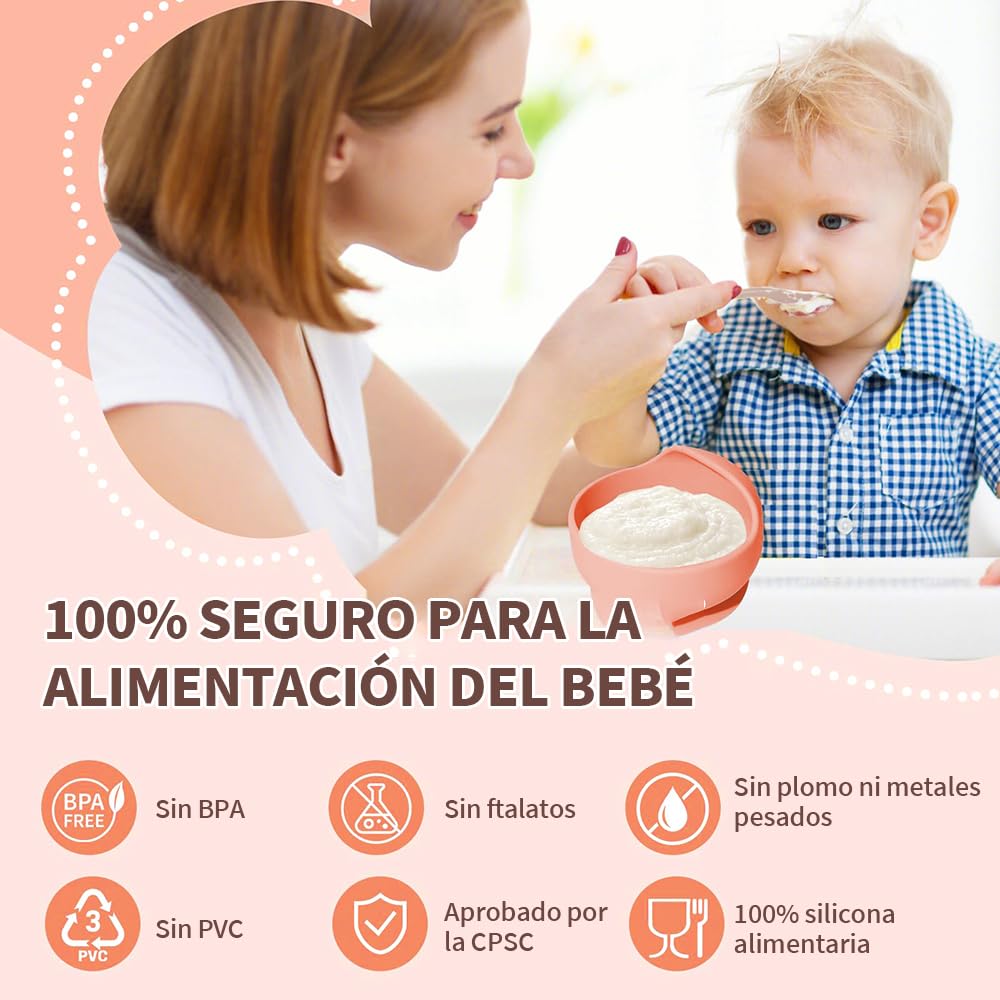 FINYQBET Platos Para Bebés De Silicona Con Tazón Cuchara Tenedor Babe,Set de 8 Piezas para Bebés,Plato para Bebe con Ventosas, Ajustable,NARANJA