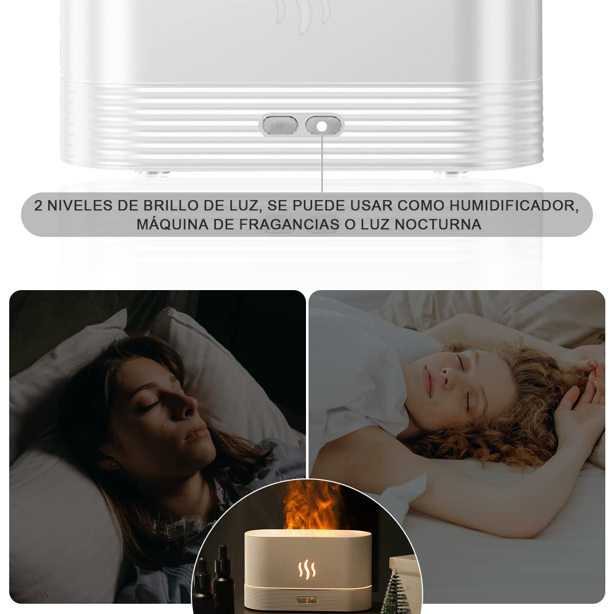 INGEQUIS Difusor de Lámpara Nocturna con Forma de Llamas, 2 Modos de Brillos Ajustables, Humidificación Silenciosa de 180ml, Lámpara Nocturna Decorativa (Blanco-RGB)