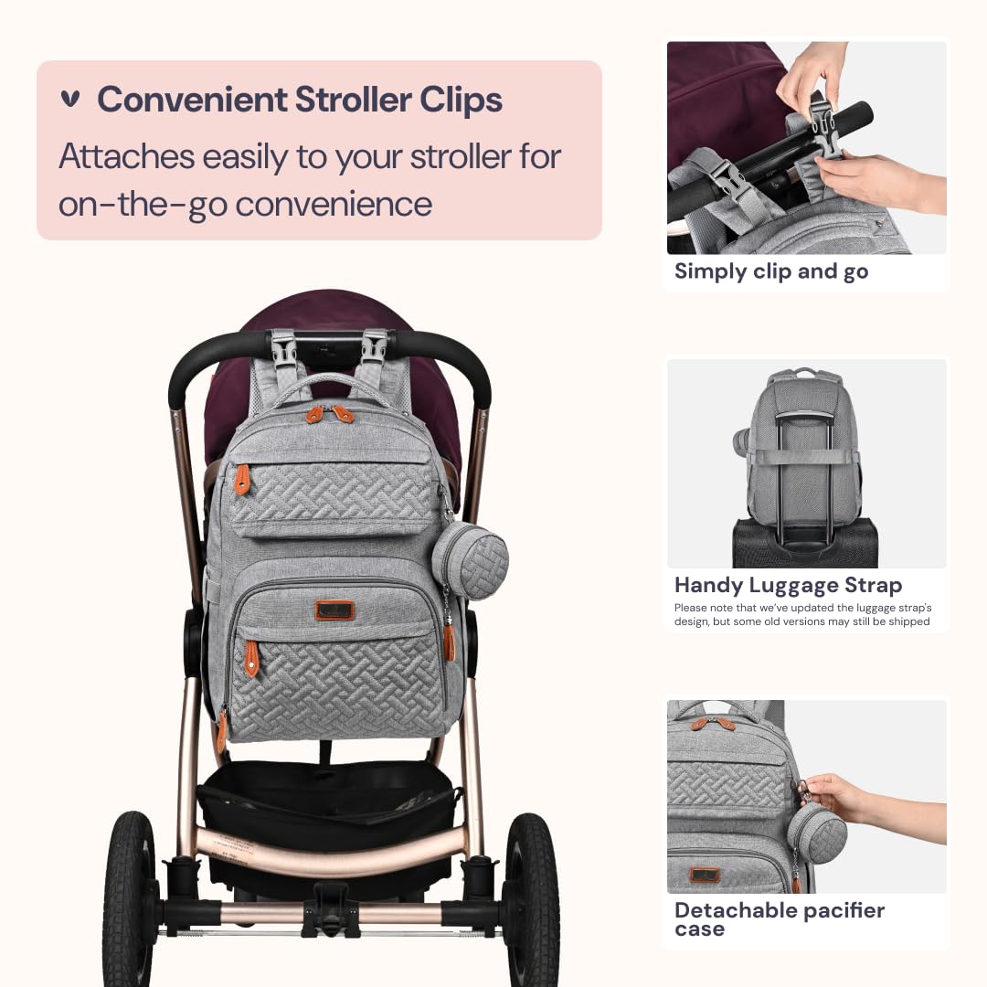 BabbleRoo - Mochila para pañales grande de viaje para bebé con cambiador, bolsas impermeables para bebé para mamá y papá, bolsas unisex con estuche para chupete, correa de equipaje y clips para