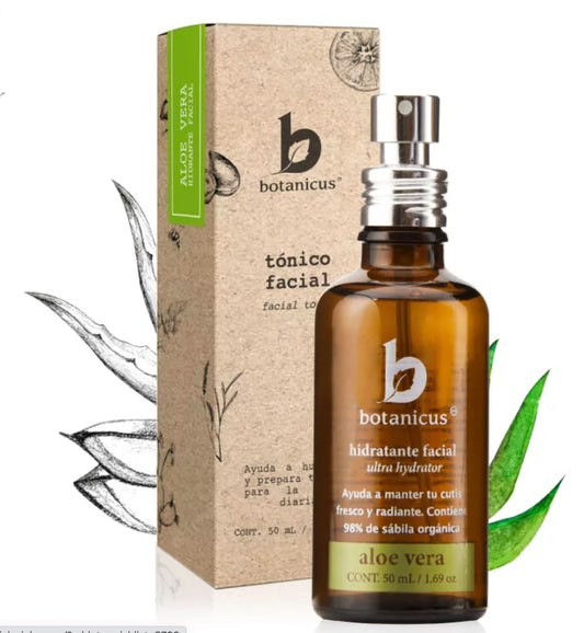 Tónico Facial Piel Grasa 50 ml - BOTANICUS - 98% Aloe Vera Orgánica | Controla Brillos, Cierra Poros y Calma la Piel | Astringente Natural con Aceite Esencial de Árbol de Té