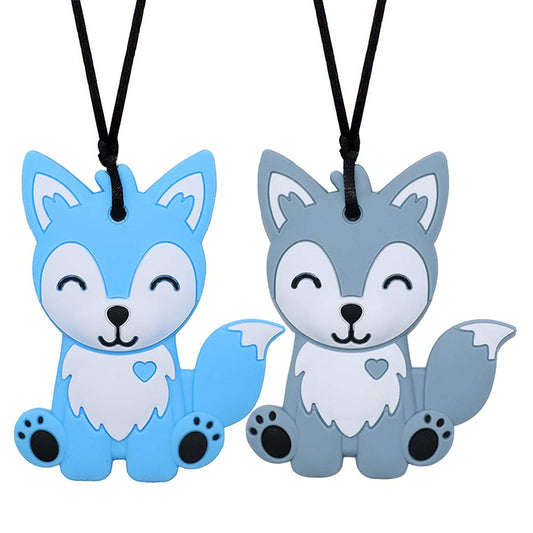Collares sensoriales para masticar para niños, niños y niñas, paquete de 2 juguetes masticables de silicona de zorro para autismo, TDAH, SPD, juguete masticable de motor oral para adultos, azul y gris