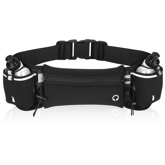 Cangurera Deportiva,HONGHCL Riñonera Deportiva con 2 Botellas de Agua,Cangurera Deportiva para Correr,Bolsa Deportiva con Cinturón Regulable,Bolsillos de Auricular y Teléfono(Negro)