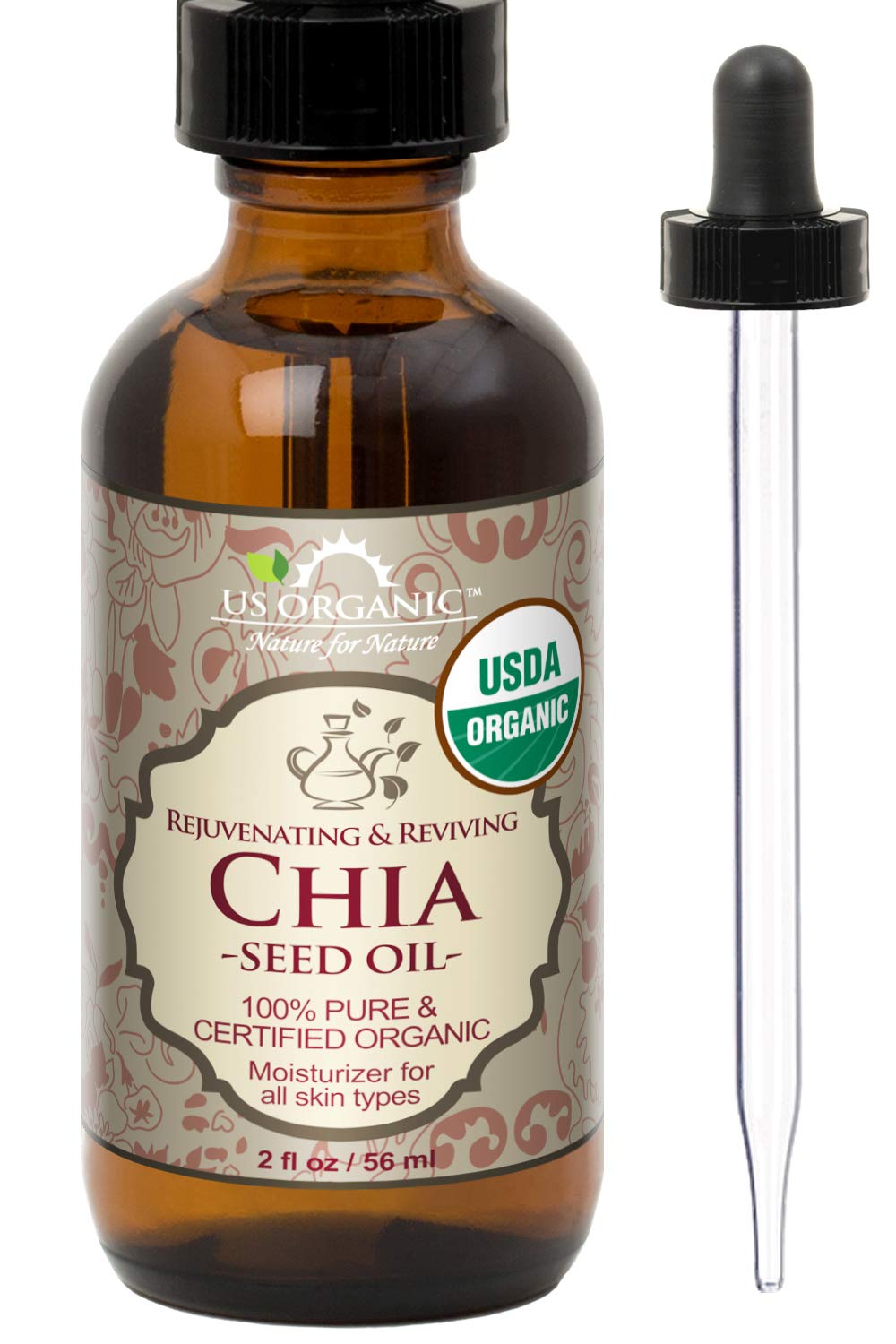 Aceite de semillas de chía orgánicas (Salvia hispanica), certificado orgánico USDA, 100% puro y natural, virgen prensada en frío, sin refinar en botella de vidrio ámbar con cuentagotas de vidrio para una fácil aplicación, (56 ml)