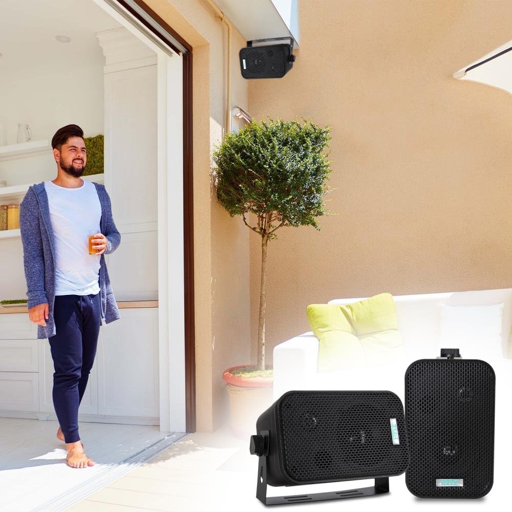 Dual Waterproof Outdoor Speaker System - 3.5 Inch Pair of Weatherproof Wall / Ceiling Mounted Speakers w/ Heavy Duty Grill, Universal Mount - For Use in the Pool, Patio, Indoor - Pyle PDWR30B (Black)