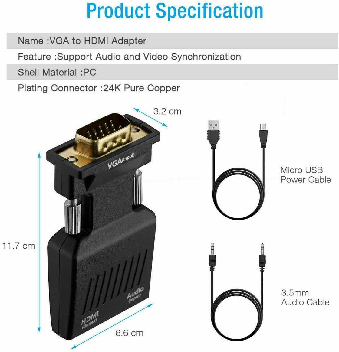 Adaptador Convertidor VGA a HDMI SGElectronix Negro con Audio 1080p para PC a Televisión o Monitor