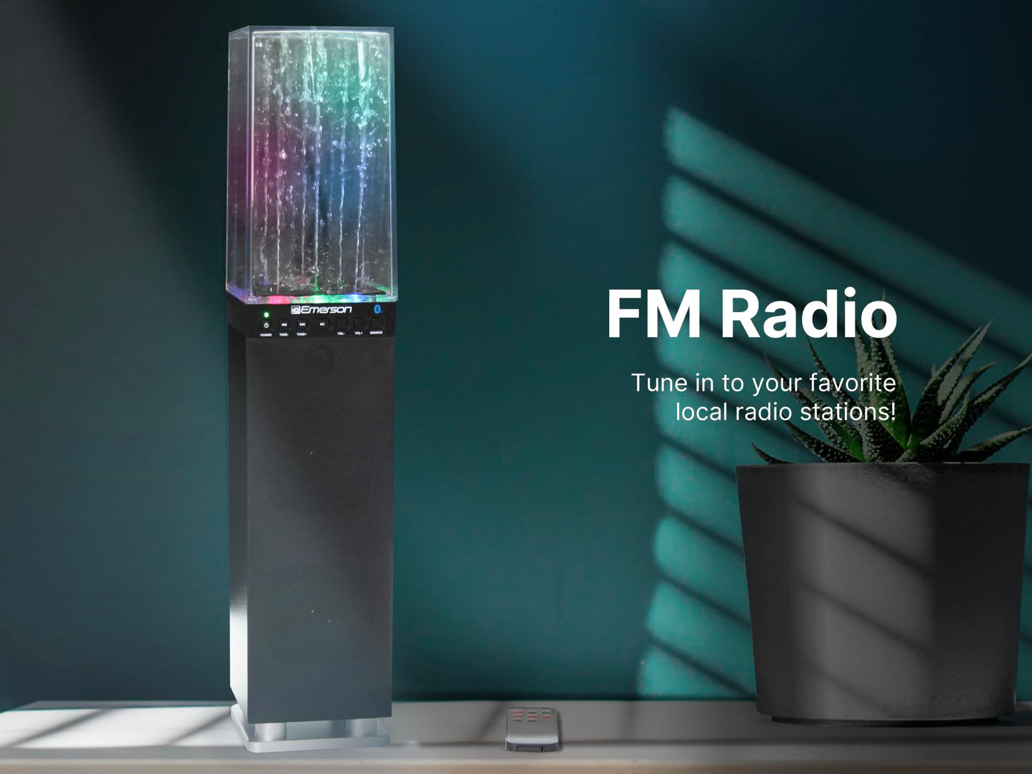 Emerson EHS-2001 Sistema de Altavoces de Torre de luz de Agua con Bluetooth y Radio FM, Altavoz inalámbrico de pie con Fuente de Agua LED, Sonido cristalino, transmisión Bluetooth