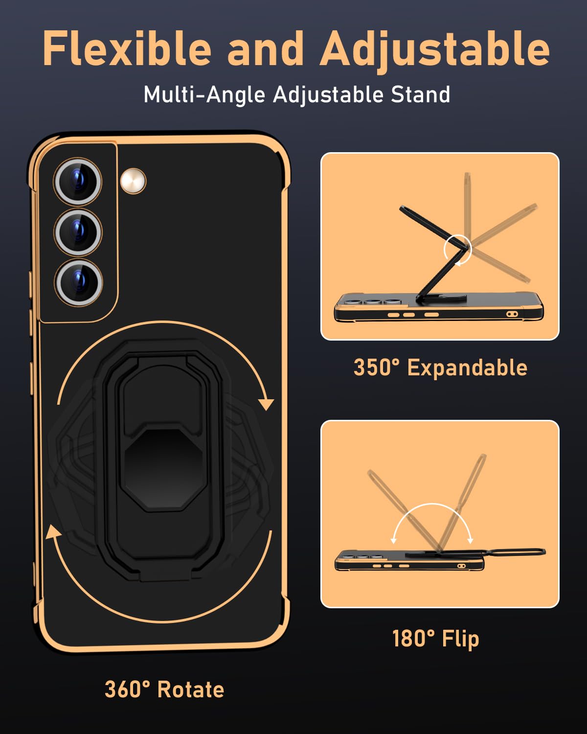 Funda Protector de Lujo WINTONG Negro con Soporte de Metal para Galaxy S22 para Mujer y Niña