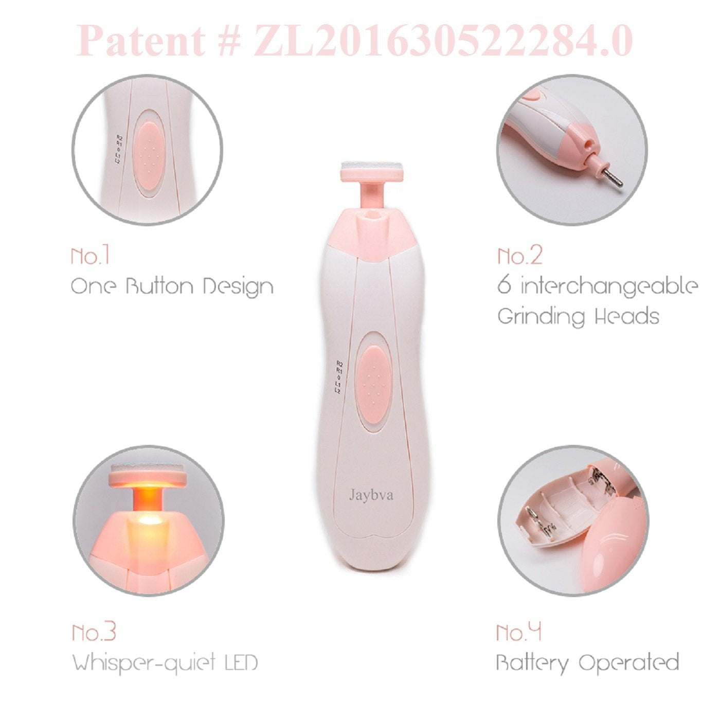 Lima de uñas eléctrica para bebés - Jaybva Cortauñas seguros para bebés con 6 almohadillas, rosa