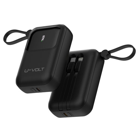 CELULARTE Power Bank U-Volt 10,000 mAh con Cables Integrados, Carga Rápida 22.5W, Batería Portátil con Pantalla Digital para iPhone, Samsung, Xiaomi, iPad y Más (Negro)