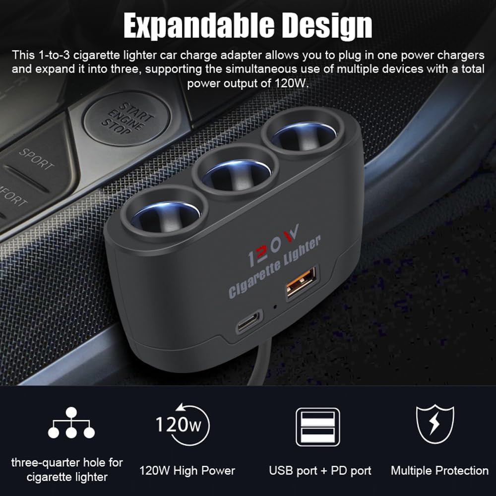 AIYUNDI Divisor de Enchufe de Encendedor de Cigarrillos 3 en 1, Adaptador de Carga rápida USB + PD de 120W, Divisor de Potencia de 3 enchufes, 12-24V para Coche, camión, SUV