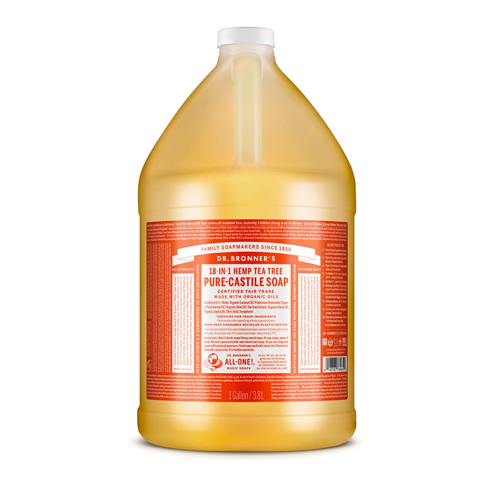 Dr. Bronner's | Jabón de castilla orgánico, para cara y cuerpo, remueve células muertas, antiséptico: reduce la producción de cebo y puntos negros con aceite esencial de Árbol de Té 3.8 L