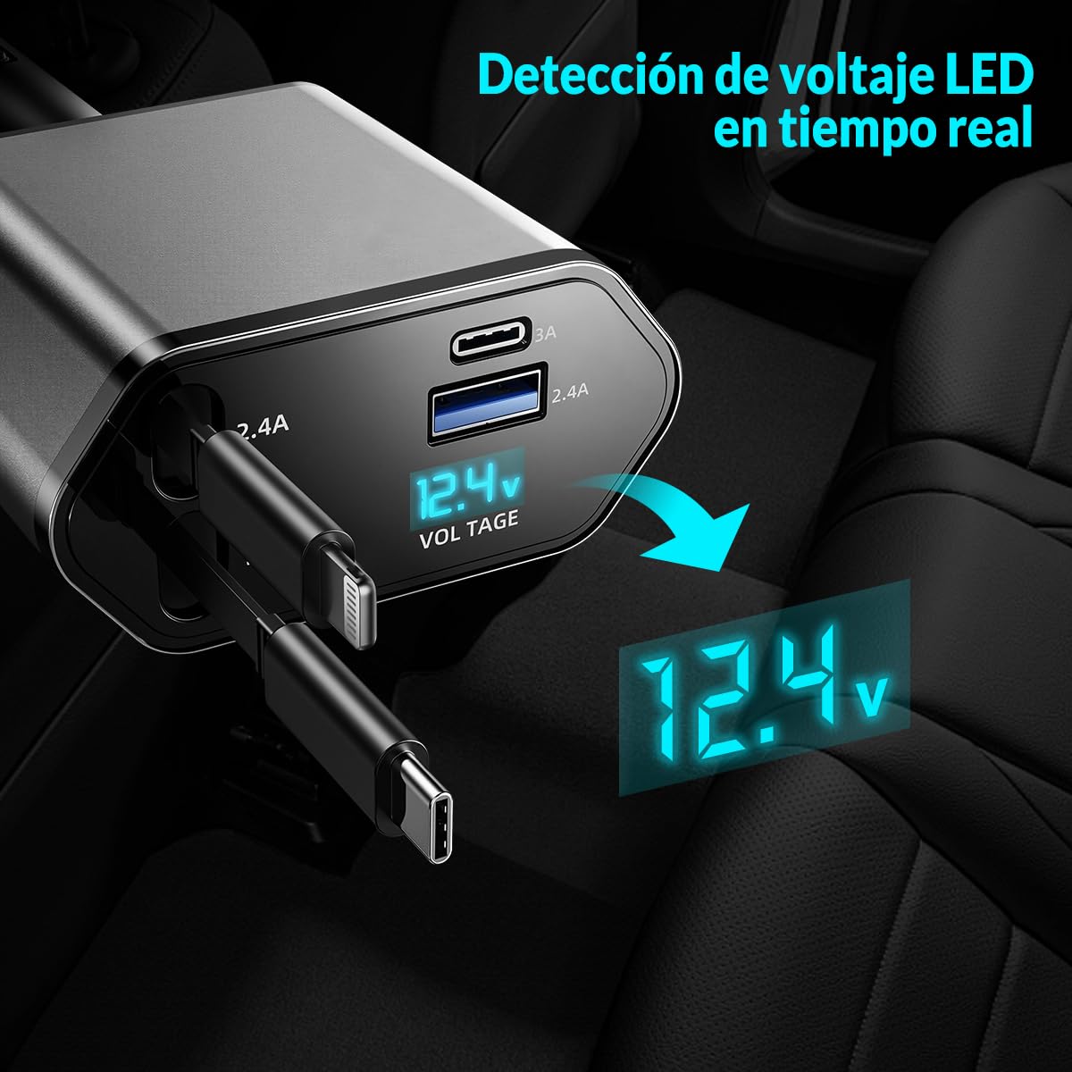 Cargador para auto, Cargador USB C 4 en 1 100W+20W Carga Rápida Accesorios para auto, Cables retráctiles (80cm) y Adaptador de Coche de 2 Puertos USB, Compatible con iPhone 15 14 13 12,Galaxy, Xiaomi