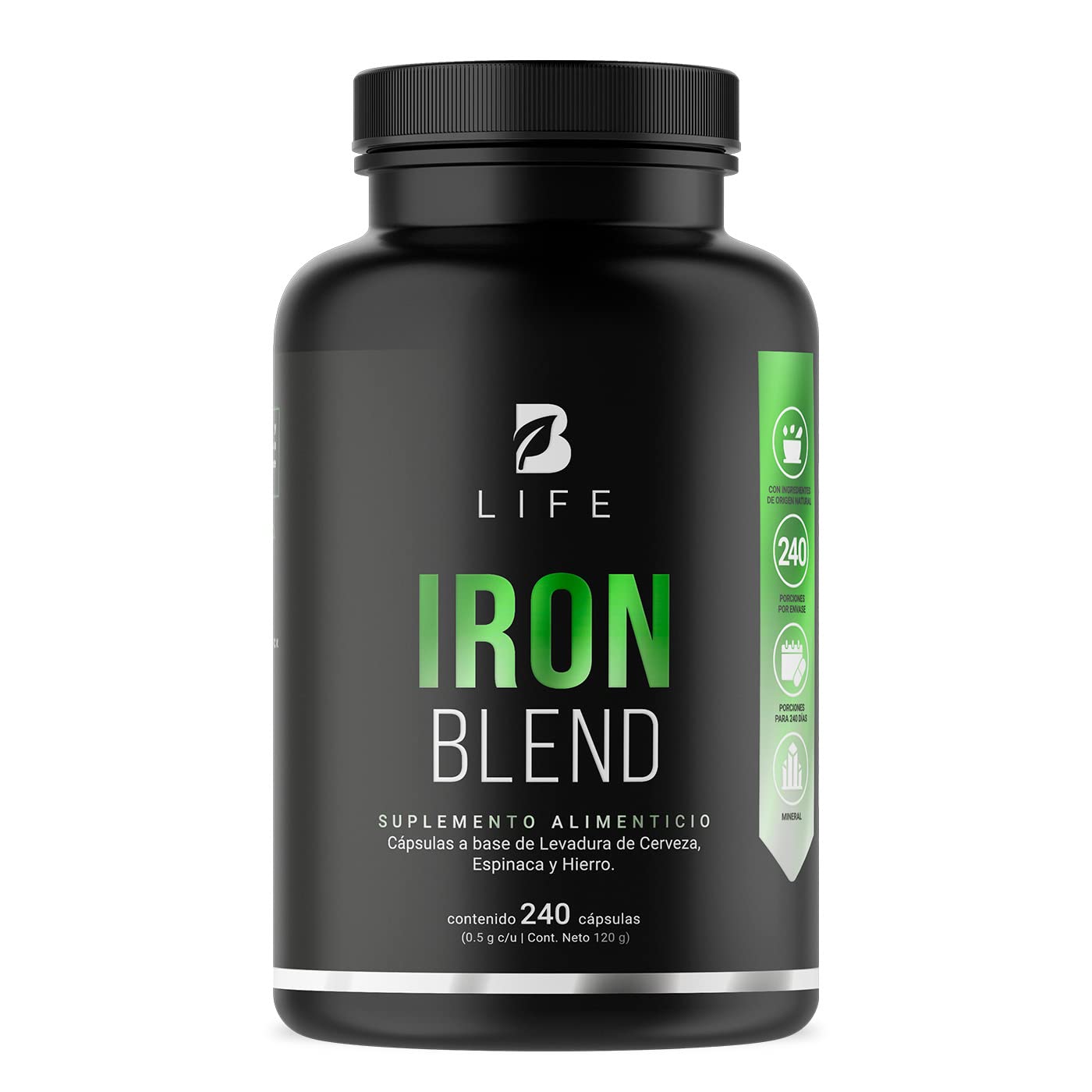Hierro de 240 Cápsulas con Levadura de Cerveza y Espinaca. Ingredientes naturales. Iron Blend B Life.
