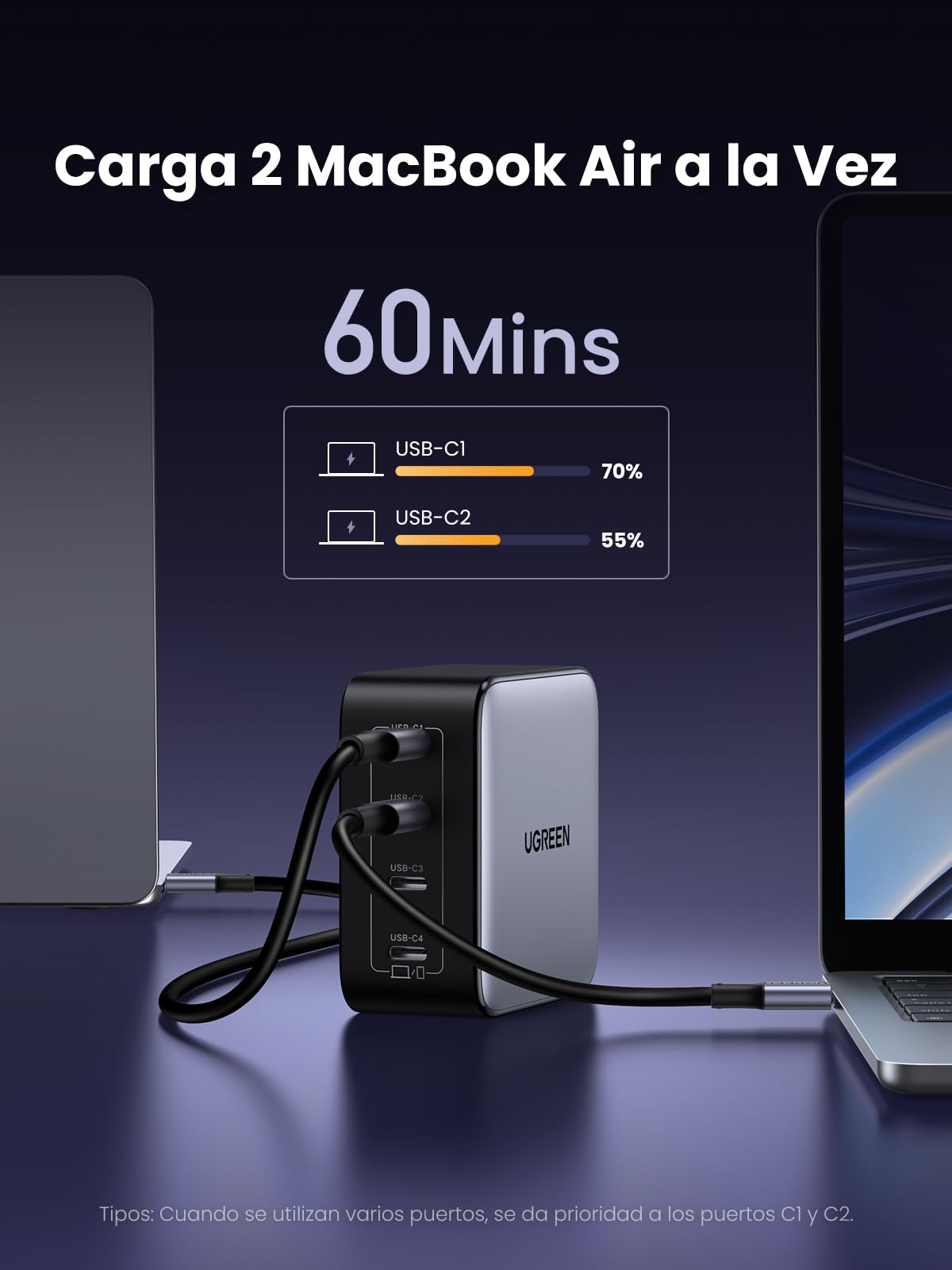 Original Cargador USB C UGREEN Nexode Negro 100W Carga Rápida con 4 Puertos