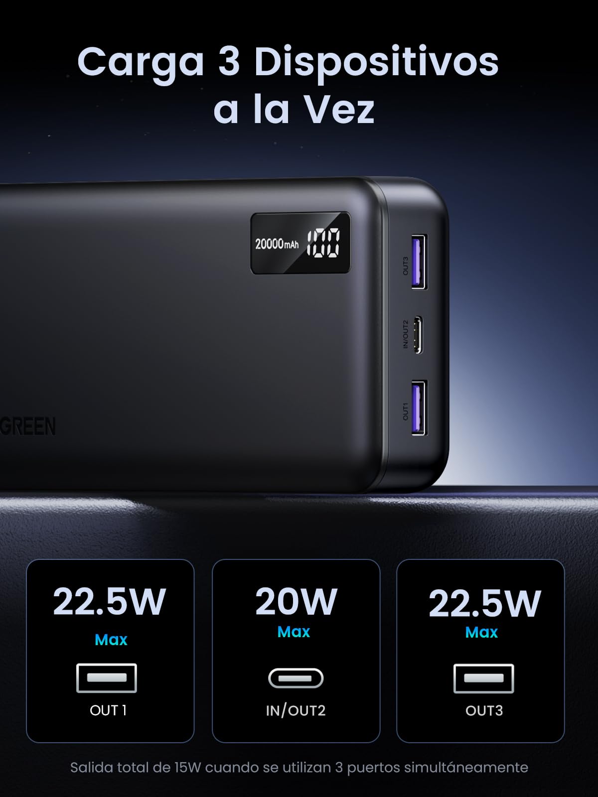 Power Bank UGREEN 20000mAh Negro Carga Rápida con Pantalla Digital 22.5W para iPhone, iPad y Galaxy
