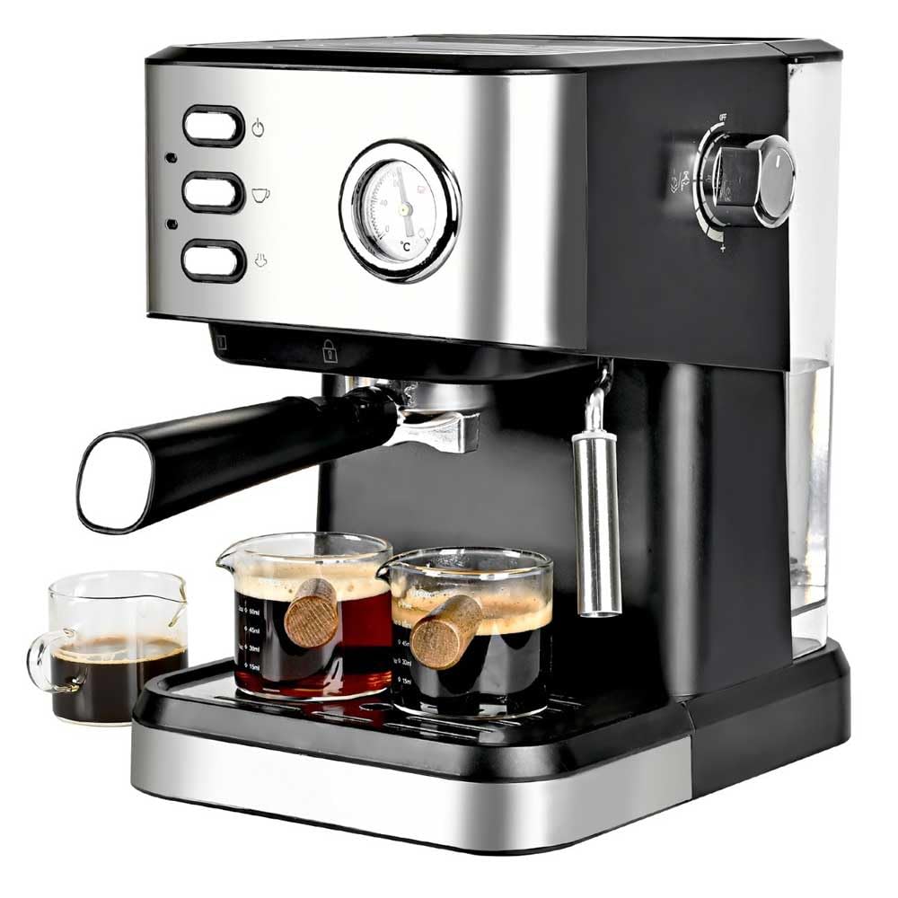 Cafetera Express Automático,850W, Presión 15 Bares, Depósito de 1.8L, Brazo Doble Salida,Superficie Calientatazas, Acabados en Acero Inoxidable