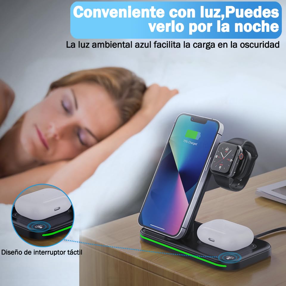 DKJBF Estación de Carga 3 en 1 Inalámbrica con Cable USB e Indicador LED - Compatible con iPhone, Samsung, Apple Watch Series 8/7/6/5/4/3/2/SE y AirPods 2/3/Pro
