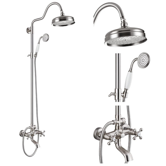 Gotonovo - Sistema de ducha de baño expuesto, accesorio de ducha clásico de 8 pulgadas, cabezal de ducha de lluvia de mano, llenador de tina de latón de 3 funciones, montaje en pared, doble perilla de