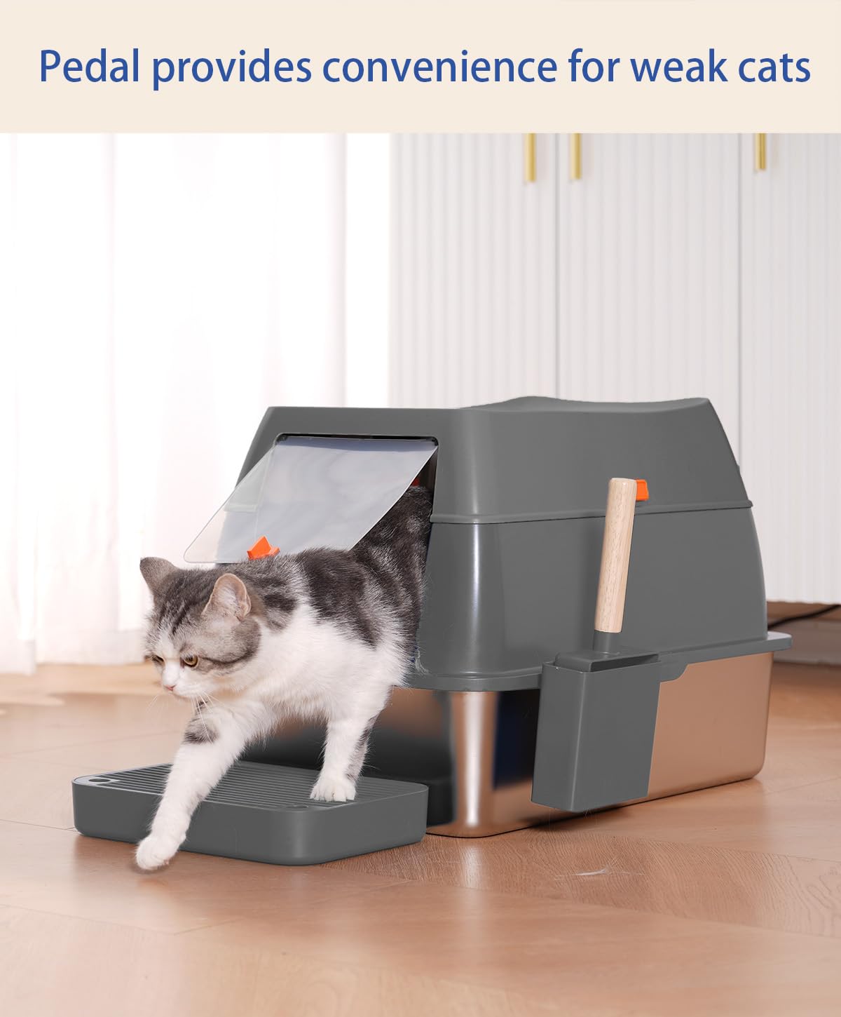 FOXORU - Caja de arena de acero inoxidable XL, diseño espacioso y cerrado con lados altos, entrada y salida múltiples, pedal, duradera para gatos grandes y múltiples gatos, color gris