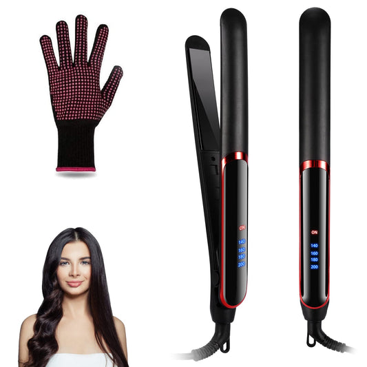 Plancha de Cabello Cerâmica| 2 En 1 Plancha de Pelo de Profesional | Rizador y Alisador con Pantalla LED | 4 Temperatura Ajustable | con 1 Guante | Alisador de Pelo para Casa y Salón | Hair Straightener | Herramientas de Cabello para Mujeres | Negro